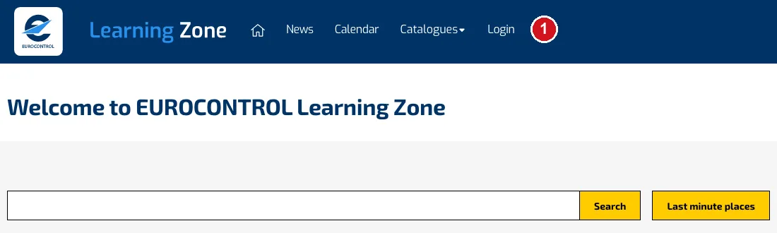 La pagina iniziale di EUROCONTROL LearningZone, con il pulsante Login segnato con il numero 1