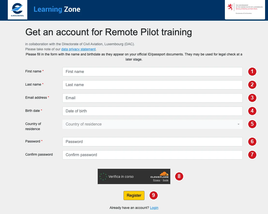 Il modulo di iscrizione di EUROCONTROL LearningZone, con i campi numerati da 1 a 9